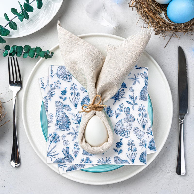 وولاين Whaline 50 جهاز كمبيوتر شخصى الأزرق الأبيض عيد الفصح المناديل الورقية الرجعية الأرنب الأرنب زهرة المناديل المتاح Chinoiserie غداء عشاء المناديل لربيع الزفاف عيد ميلاد حزب الجدول اللوازم - Image 5